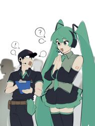 Rule 34 | 1boy, 1girl, absurdres, alternate height, aqua eyes, aqua hair, aqua necktie, bare shoulders, commentary, cropped legs, detached sleeves, english commentary, grey shirt, hair ornament, hatsune miku, height, height difference, highres, long hair, looking at another, necktie, own hands together, shirt, simple background, smile, standing, swagamicchi, twintails, very long hair, vocaloid, white background