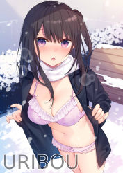 Rule 34 | 1girl, :o, bekotarou, black coat, blush, bra, breasts, breath, brown hair, cleavage, coat, cowboy shot, frilled bra, frilled panties, frills, highres, long hair, long sleeves, looking at viewer, medium breasts, navel, nose blush, one side up, open clothes, open coat, open mouth, original, outdoors, panties, purple bra, purple eyes, purple panties, scarf, snow, snowing, solo, standing, stomach, string bra, thighs, underwear