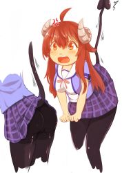 Rule 34 | 1girl, ahoge, ass, bad id, bad twitter id, blush, brown eyes, brown hair, clothes lift, curled horns, demon girl, demon horns, demon tail, expressive tail, highres, horns, lifted by tail, long hair, machikado mazoku, multiple views, open mouth, pantyhose, roegakan, school uniform, shorts, shorts under skirt, skirt, skirt lift, tail, yoshida yuuko (machikado mazoku)