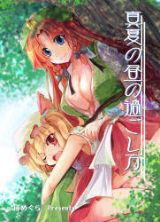 Rule 34 | 2girls, against tree, asymmetrical hair, asymmetrical wings, bare shoulders, blonde hair, blouse, blue eyes, braid, breasts, chinese clothes, cover, cover page, day, dress, flandre scarlet, grass, hat, highres, hong meiling, large breasts, long hair, looking at viewer, lying, lying on lap, mob cap, multiple girls, no bra, on stomach, one eye closed, open clothes, open shirt, outdoors, parted bangs, puffy short sleeves, puffy sleeves, red dress, red eyes, red hair, ryuushou, shirt, short sleeves, side ponytail, sitting, smile, tangzhuang, touhou, tree, tree shade, twin braids, untied, wings