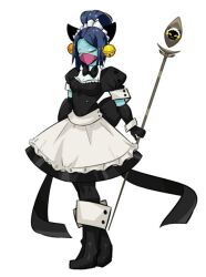 Rule 34 | 1girl, alternate costume, bell, black bow, black bowtie, black footwear, black gloves, black pantyhose, blue hair, blue skin, bow, bowtie, closed eyes, colored skin, elbow gloves, enmaided, facing viewer, full body, gloves, holding, holding staff, jingle bell, maid, maid headdress, mask, mouth mask, pantyhose, puffy short sleeves, puffy sleeves, short hair, short sleeves, simple background, slay the spire, staff, standing, the watcher (slay the spire), white background, whitose
