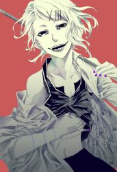 Rule 34 | 10s, 1boy, androgynous, bad id, bad pixiv id, clothes lift, hair ornament, hairclip, highres, knife, loose clothes, loose shirt, male focus, nail polish, red background, scythe, shirt, shirt lift, short hair, smile, solo, stitches, suzuya juuzou, suzuya juzo, tokyo ghoul, weapon, white hair