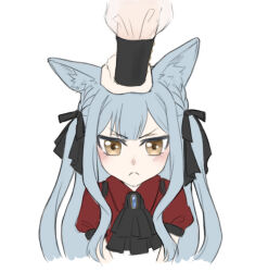 1girl 2girls animal_ear_fluff animal_ears ascot bang_dream! bang_dream!_it&#039;s_mygo!!!!! black_ascot black_ribbon blue_brooch blue_hair blush braid chinese_commentary commentary_request hair_ribbon headpat kemonomimi_mode long_hair long_sleeves mortis_(bang_dream!) multiple_girls puffy_short_sleeves puffy_sleeves qm_dvn red_shirt ribbon shirt short_sleeves sidelocks simple_background solo togawa_sakiko wakaba_mutsumi white_background yellow_eyes