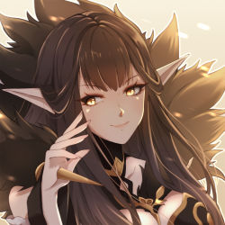Rule 34 | 1girl, black hair, breasts, eyelashes, fate/grand order, fate (series), fur trim, large breasts, long hair, looking at viewer, lyra-kotto, pointy ears, semiramis (fate), smile, solo, spikes, upper body, yellow eyes