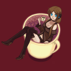 Rule 34 | 1girl, :d, blue eyes, boots, breasts, brown hair, cleavage, coffee, cup, happy, headphones, in container, in cup, knee boots, large breasts, latte art, long hair, looking at viewer, open mouth, oversized object, shorts, simple background, smile, solo, toone riku, twintails, utu (ldnsft), vocaloid