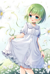 Rule 34 | 1girl, :d, blue eyes, blurry, blurry foreground, blush, choker, collared dress, commentary request, commission, depth of field, dress, feet out of frame, flower, frilled dress, frilled shirt collar, frills, green choker, green hair, green ribbon, long hair, mauve, open mouth, original, petals, pixiv commission, puffy short sleeves, puffy sleeves, ribbon, short sleeves, skirt hold, smile, solo, standing, white dress, white flower