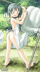 Rule 34 | !, 1girl, ?, apron, artist name, ass, awatake takahiro, back, black hair, clothesline, futon, grass, laundry, naked apron, outdoors, photo background, sandals, spoken exclamation mark, spoken question mark, surprised, toes, tree