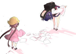 Rule 34 | 2girls, arms at sides, awkward, back bow, backpack, bag, blade, bloomers, bow, bowing, brown hair, collared dress, commentary request, dress, facing away, facing down, from above, hand up, hat, hat ribbon, headgear, japanese clothes, kimono, kneehighs, loafers, looking at another, low twintails, miniskirt, multiple girls, nervous sweating, obi, okobo, open bag, paper, petenshi (dr. vermilion), pink dress, purple hair, purple skirt, randoseru, red bow, ribbon, sandals, sash, school hat, shoes, short kimono, simple background, skirt, sleeves past fingers, sleeves past wrists, socks, standing, sweat, tabi, touhoku kiritan, trembling, tsukuyomi ai, twintails, underwear, voiceroid, white background, white bloomers, white kimono, white socks, wide sleeves