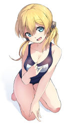 Rule 34 | 10s, 1girl, anchor hair ornament, aqua eyes, bare legs, barefoot, blonde hair, blue one-piece swimsuit, blush, breasts, cleavage, collarbone, commentary request, hair ornament, kantai collection, kneeling, long hair, looking at viewer, low twintails, magenta (atyana), name tag, one-piece swimsuit, open mouth, prinz eugen (kancolle), school swimsuit, smile, solo, swimsuit, swimsuit tug, thighs, twintails