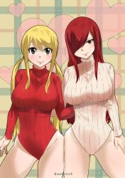 Rule 34 | 2girls, absurdres, arm around waist, artist name, blonde hair, blush, breasts, brown eyes, curvy, erza scarlet, fairy tail, gaston18, groin, hair over one eye, heart, heattech leotard, highres, large breasts, long hair, looking at viewer, lucy heartfilia, meme attire, multiple girls, plaid, plaid background, red hair, red sweater, ribbed sweater, smile, standing, sweater, thick thighs, thighs, turtleneck, turtleneck sweater, twintails, white sweater, wide hips