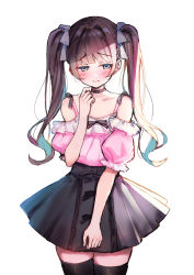 Rule 34 | 1girl, absurdres, bare shoulders, black choker, black skirt, black thighhighs, blue hair, blush, bow, brown eyes, brown hair, choker, closed mouth, commentary request, hair bow, half-closed eyes, hand up, highres, long hair, makiaato, multicolored hair, off-shoulder shirt, off shoulder, original, pink shirt, pleated skirt, puffy short sleeves, puffy sleeves, shirt, short sleeves, simple background, skirt, solo, standing, thighhighs, twintails, two-tone hair, very long hair, white background, white bow