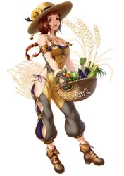 Rule 34 | 1girl, :d, ankle boots, armlet, bare hips, bare shoulders, basket, black gloves, boots, braid, breasts, brown eyes, brown footwear, brown hat, carrot, cleavage, collarbone, commentary request, contrapposto, dated, demeter (lioreo), eggplant, feet, fingerless gloves, flower, food, full body, fur-trimmed gloves, fur trim, gloves, hat, hat flower, hip vent, holding, holding basket, jewelry, lettuce, lioreo, long hair, looking at viewer, medium breasts, mouse (animal), necklace, open mouth, original, panties, pumpkin, red hair, round teeth, side-tie panties, signature, smile, solo, spring onion, standing, strap slip, straw hat, sunflower, teeth, tomato, twin braids, underwear, upper teeth only, vegetable, wheat, white background