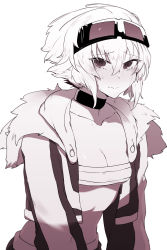 Rule 34 | 1girl, absurdres, bandeau, blush, breasts, brown theme, choker, cleavage, closed mouth, cropped jacket, crossed bangs, goggles, goggles on head, hair between eyes, highres, jacket, long sleeves, looking at viewer, medium breasts, monochrome, niwamaru (niwarhythm), niwarhythm, open clothes, open jacket, original, short hair, simple background, solo, strapless, tears, tube top, upper body, white background
