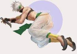 Rule 34 | 1boy, abs, alternate costume, arabian clothes, ass, black footwear, black gloves, blush, fingerless gloves, full body, gloves, grey hair, hatake kakashi, headband, holding, holding knife, jewelry, knife, looking to the side, lying, male focus, naruto (series), no male underwear, nsfwbutter, red eyes, see-through, sharingan, shirt, short hair, sleeveless, sleeveless shirt, solo, tank top, toned, toned male