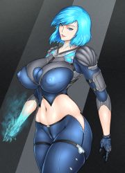 Rule 34 | 1girl, absurdres, black background, blue eyes, blue hair, breasts, covered erect nipples, highres, huge filesize, large breasts, latex, looking at viewer, lurikyarei, nyx (quake), quake, quake champions, self-upload, solo, standing, sweat, wide hips