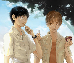 Rule 34 | 2boys, black eyes, black hair, brown eyes, brown hair, cloud, dappled sunlight, day, drinking, food, glasses, haagen-dazs, holding, holding food, ice cream, looking at another, male focus, multiple boys, open clothes, open shirt, original, re:i, shade, shirt, sky, spoon, summer, sunlight, tongue, tongue out, tree, watch, wristwatch