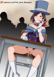 Rule 34 | 1girl, ace attorney, apollo justice: ace attorney, blue eyes, boots, chair, desk, exhibitionism, female focus, female pervert, full body, gloves, hat, magician, naughty face, no panties, no pants, nude, on chair, partially undressed, patreon logo, patreon username, people, pervert, public indecency, pussy, pussy juice, pussy peek, school, school desk, silhouette, sitting, spread legs, the dark mangaka, top hat, trucy wright, uncensored