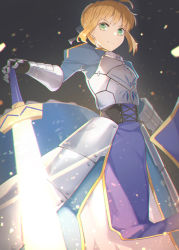 Rule 34 | 1girl, ahoge, armor, armored dress, artoria pendragon (all), artoria pendragon (fate), blonde hair, blouse, blue dress, braid, breastplate, closed mouth, commentary request, dress, excalibur (fate/stay night), fate/stay night, fate (series), from below, gauntlets, green eyes, hair ribbon, highres, holding, holding sword, holding weapon, juliet sleeves, long dress, long sleeves, looking at viewer, puffy sleeves, ribbon, saber (fate), shirt, short hair, skirt, smile, solo, sword, tostos, weapon
