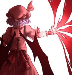 Rule 34 | 1girl, bat wings, from behind, hat, mefomefo, mob cap, purple hair, remilia scarlet, ripping, solo, touhou, wings, wrist cuffs