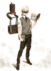 Rule 34 | 1boy, alternate costume, bag, blindfold, book, commentary, full body, grimoire weiss, highres, holding, holding book, loafers, male focus, nier, nier (series), nier:automata, pants, plaid, plaid pants, pod (nier:automata), ribbon, school bag, school uniform, shoes, short hair, short sleeves, standing, sweater vest, tasaka shinnosuke, white hair, 9s (nier:automata)