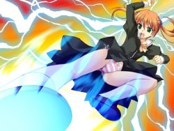 Rule 34 | 1girl, aa! ojou-sama!, angry, arm up, bow, bow panties, bowtie, cameltoe, clenched hands, dress, electricity, fighting stance, game cg, glowing, green eyes, hair bobbles, hair ornament, kicking, kujou saki, legs, lightning, loafers, long hair, nekokan (cat&#039;s cradle), open mouth, orange hair, panties, pantyshot, perspective, school uniform, serafuku, shoe soles, shoes, side-tie panties, socks, solo, source request, striped clothes, striped panties, twintails, underwear