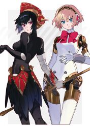 Rule 34 | 2girls, aegis (persona), black hair, blonde hair, blue eyes, bow, bowtie, from behind, headset, highres, holding, holding staff, joints, looking at viewer, metis (persona), multiple girls, persona, persona 3, red bow, red bowtie, red eyes, robot girl, robot joints, short hair, siblings, sisters, skirt, staff, standing, uxco0, white background