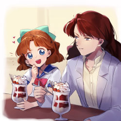 Rule 34 | 1boy, 1girl, :d, bishoujo senshi sailor moon, blue eyes, blue sailor collar, bow, brown hair, buttons, chocolate, closed mouth, commentary request, eyelashes, green bow, grey eyes, hair bow, hand up, heart, highres, holding, holding spoon, jacket, long hair, long sleeves, namazu (dc 27546), nephrite (sailor moon), oosaka naru, open clothes, open jacket, open mouth, parfait, sailor collar, school uniform, shirt, short sleeves, smile, spoon, table, teeth, upper teeth only, white shirt, yellow shirt