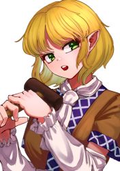 Rule 34 | 1girl, absurdres, arm warmers, blonde hair, breasts, brown shirt, commentary, green eyes, highres, holding, looking at viewer, mallet, mizuhashi parsee, open mouth, pointy ears, scarf, shirt, short hair, short sleeves, simple background, small breasts, solo, touhou, upper body, white background, white scarf, yokozuna iwashi