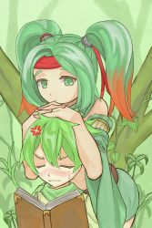 Rule 34 | 1boy, 1girl, abs, anger vein, armlet, bare shoulders, belt, blush, book, closed eyes, commentary request, detached sleeves, duel monster, forest, gradient hair, green eyes, green hair, green skirt, hair between eyes, hair ribbon, hairband, hands on another&#039;s head, height difference, highres, kamui hope of gusto, leaning forward, long hair, midriff, multicolored hair, nature, nishikawa (ni-dan), nose blush, open book, orange hair, parted hair, plant, red headwear, reeze whirlwind of gusto, ribbon, scarf, short hair, single detached sleeve, skirt, sweatdrop, symbol-shaped pupils, tree, twintails, wide sleeves, yu-gi-oh!