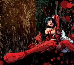 Rule 34 | 1girl, arc system works, arm behind head, between legs, black hair, blood, blood splatter, boots, breasts, choker, cleavage, guilty gear, guitar, hand between legs, hat, i-no, instrument, looking up, red hat, red thighhighs, short hair, sitting, solo, thigh boots, thighhighs, underboob, vest, vivienne9westwood