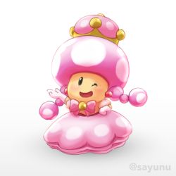 Rule 34 | 1girl, ;d, artist name, black eyes, blush, bow, bowtie, crown, dress, earrings, elbow gloves, full body, gloves, jewelry, looking at viewer, mario (series), nintendo, one eye closed, open mouth, pink bow, pink dress, pink hair, sayuri (sayunu), simple background, smile, standing, super crown, toadette