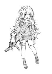 Rule 34 | 1girl, animal print, b&amp;t mp9, bandaid, bandaid on knee, bandaid on leg, blush, brugger &amp; thomet, collarbone, commentary request, drooling, greyscale, gun, hair between eyes, hair ornament, hairclip, highres, holding, holding gun, holding weapon, jacket, looking at viewer, machine gun, monochrome, mouth drool, one side up, open clothes, open jacket, original, parted lips, personal defense weapon, pleated skirt, print shirt, rabbit hair ornament, rabbit print, sakuraba hikaru (loveindog), saliva, shirt, shoes, simple background, skirt, socks, solo, submachine gun, suppressor, syringe, weapon, white background