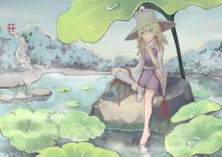 Rule 34 | 1girl, absurdres, barefoot, blonde hair, blue eyes, brown hat, dated, day, forest, hair ribbon, hand on ankle, hat, highres, leg up, lily pad, long sleeves, looking at viewer, moriya suwako, morning, nature, on rock, outdoors, pointing, pointing up, purple skirt, purple vest, reflection, ribbon, ribbon-trimmed legwear, ribbon-trimmed sleeves, ribbon trim, ripples, shirt, short hair, single thighhigh, sitting, skirt, skirt set, smile, solo, stairs, thighhighs, torii, touhou, tree, turtleneck, vest, water drop, white shirt, white thighhighs, wide sleeves, yashi kano ko
