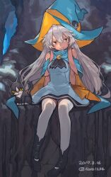 Rule 34 | 1girl, animal ears, ascot, bare shoulders, black ascot, black footwear, blue dress, blue hat, boots, cat, crescent, crescent pin, dated, double-parted bangs, dress, full body, grey hair, hair between eyes, hat, highres, luna (witch springs), sitting, sleeveless, sleeveless dress, solo, thighhighs, toro (konirio), twitter username, white thighhighs, witch hat, witch springs, yellow eyes