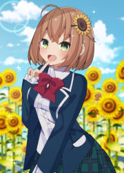 Rule 34 | 1girl, absurdres, ahoge, blazer, blue jacket, blue sky, blurry, blurry background, blush, bow, breasts, brown hair, cloud, cloudy sky, collared shirt, day, depth of field, dress shirt, field, flower, flower field, green eyes, green skirt, hair between eyes, hair flower, hair ornament, hairclip, highres, honma himawari, jacket, long sleeves, medium breasts, nijisanji, open clothes, open jacket, outdoors, plaid, plaid skirt, pleated skirt, red bow, round teeth, sapphire (sapphire25252), school uniform, shirt, skirt, sky, sleeves past wrists, solo, sunflower, sunflower field, sunflower hair ornament, teeth, upper body, upper teeth only, virtual youtuber, white shirt, yellow flower