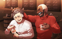 Rule 34 | 2boys, bar (place), barrel, batabiru, blush, buttons, closed eyes, collared shirt, commentary request, creatures (company), cup, dark-skinned male, dark skin, facial hair, game freak, glass, hand on another&#039;s head, highres, holding, holding cup, ice, ice cube, indoors, kabu (pokemon), liquid, long sleeves, male focus, multicolored hair, multiple boys, nintendo, open mouth, peony (pokemon), pokemon, pokemon swsh, shirt, short hair, smile, sweater, teeth, tongue, turtleneck, turtleneck sweater, two-tone hair, very short hair, white hair, white shirt, window