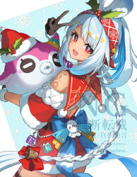 1girl amaichi_esora back_cutout bare_shoulders blue_hair blue_hairband braid clothing_cutout dress fur-trimmed_dress fur_trim genshin_impact gloves hairband highres long_hair looking_at_viewer mistletoe mualani_(genshin_impact) multicolored_hair open_mouth red_eyes santa_dress smile tan twin_braids white_hair