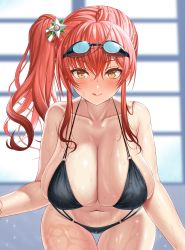 Rule 34 | 1girl, absurdres, ahoge, asamura hiori, azur lane, bare shoulders, bikini, black bikini, blush, breasts, cleavage, closed mouth, collarbone, female focus, goggles, goggles on head, hair between eyes, hair ornament, highres, huge breasts, leaning forward, licking lips, long hair, looking at viewer, navel, o-ring, o-ring bikini, red hair, shiny skin, side ponytail, sidelocks, skindentation, smile, solo, standing, swimsuit, thigh gap, tongue, tongue out, upper body, wet, zara (azur lane), zara (poolside coincidence) (azur lane)