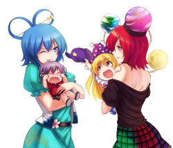 Rule 34 | 4girls, :d, absurdres, aged down, arm up, back, bare shoulders, black shirt, black skirt, blonde hair, blue dress, blue eyes, blue hair, blush, blush stickers, carrying, chain, clenched hands, clownpiece, crying, dress, earth (planet), eye contact, eyebrows, fang, flower, flying teardrops, frilled sleeves, frills, hair between eyes, hair ornament, hair rings, hair stick, hand on another&#039;s shoulder, hat, hecatia lapislazuli, highres, holding, holding clothes, holding hat, jester cap, kaku seiga, koissa, lace, lace-trimmed dress, lace trim, long hair, looking at another, miyako yoshika, mother and daughter, motion lines, multicolored clothes, multicolored skirt, multiple girls, neck ruff, neck ruffbeld, no headwear, off-shoulder shirt, off shoulder, one eye closed, open mouth, orb, pink flower, plaid, plaid skirt, planet, polka dot, polka dot headwear, pom pom (clothes), puffy sleeves, purple hair, purple hat, red eyes, red hair, red shirt, shirt, shoes, short hair, short sleeves, simple background, sitting, skirt, smile, star (symbol), star print, striped, sweatdrop, tears, touhou, unworn hat, unworn headwear, upper body, wavy mouth, white background