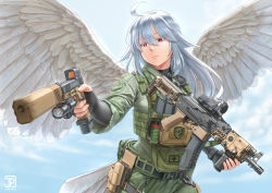 Rule 34 | 1girl, ahoge, angel, angel wings, assault rifle, colored eyelashes, commentary, english commentary, expressionless, glock, gun, handgun, jpc, long hair, original, pistol, pointing weapon, pp-19-01 vityaz, red eyes, rifle, sidelocks, silver hair, solo, submachine gun, weapon, wings