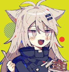 Rule 34 | 1girl, :d, animal ears, antenna hair, arknights, black jacket, blush, cake, fang, food, green background, grey eyes, grey hair, hair between eyes, hair ornament, hairclip, holding, holding knife, jacket, knife, lappland (arknights), lowres, messy hair, open mouth, rbfnrbf (mandarin), scar, scar across eye, scar on face, simple background, smile, solo, wolf ears