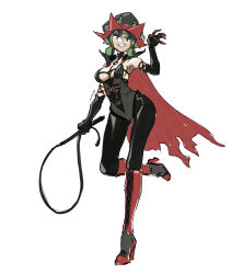 Rule 34 | 1girl, alternate costume, arm up, boots, breasts, claw pose, cleavage, clip studio paint (medium), cloak, commission, cross-laced footwear, dominatrix, eudetenis, fake horns, full body, gloves, green eyes, green hair, harness, hat, high heel boots, high heels, highres, holding, holding whip, horned headwear, horns, latex, latex gloves, leather, long hair, looking at viewer, medium breasts, o-ring, o-ring harness, shiny clothes, sideboob, signature, sketch, smirk, solo, standing, standing on one leg, teeth, torn cloak, torn clothes, unicorn overlord, whip, white background, witch hat, yahna (unicorn overlord)