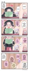 Rule 34 | 3girls, 4koma, :&lt;, ^ ^, absurdres, ahoge, azusa (blue archive), black wings, blue archive, blush stickers, book, bow, braid, classroom, closed eyes, comic, commentary, desk, english commentary, english text, feathered wings, flower, grey hair, hair between eyes, hair bow, hair flower, hair ornament, hair ribbon, halo, hanako (blue archive), hat, head wings, highres, holding, holding book, indoors, koharu (blue archive), left-to-right manga, long hair, long sleeves, looking at viewer, manga (object), multiple girls, pink hair, pleated skirt, purple eyes, reading, ribbon, school desk, school hat, school uniform, serafuku, short sleeves, sidelocks, single braid, skirt, stryx, surprised, twintails, wings