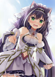 1girl, animal ear fluff, animal ears, bangs, bare shoulders, blush, brooch, cat ears, clothing cutout, cowboy shot, detached sleeves, dress, eyebrows visible through hair, fang, flat chest, green eyes, hairband, jewelry, karyl (princess connect!), long sleeves, multicolored, multicolored clothes, multicolored dress, multicolored hair, natsume eri, navel, navel cutout, open mouth, outdoors, pointing, pointing at viewer, princess connect!, princess connect! re:dive, purple dress, purple hair, solo, streaked hair, veil, white hair