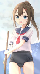 Rule 34 | 1girl, :d, absurdres, black one-piece swimsuit, blue eyes, blue sailor collar, blush, breasts, brown hair, cameltoe, commentary request, empty pool, hair between eyes, hair ornament, hairclip, high ponytail, highres, holding, long hair, looking at viewer, neckerchief, old school swimsuit, one-piece swimsuit, open mouth, original, ponytail, pool, red neckerchief, revision, sailor collar, school swimsuit, school uniform, serafuku, shirt, small breasts, smile, solo, standing, swimsuit, swimsuit under clothes, takasuma hiro, white shirt