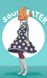 Rule 34 | 00s, 1girl, boots, dress, eruka frog, female focus, hat, high heel boots, high heels, highres, orange eyes, pantyhose, polka dot, polka dot dress, shoes, solo, soul eater, white footwear, white hair, witch, witch hat, wizard hat
