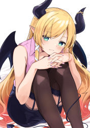 Rule 34 | 1girl, absurdres, anbasa (amaneyuz13), black skirt, blonde hair, blush, brown thighhighs, closed mouth, commentary request, demon girl, demon horns, demon tail, demon wings, feet out of frame, garter straps, gradient hair, green eyes, highres, hololive, horns, knees up, long hair, looking at viewer, multicolored hair, nail polish, orange hair, own hands together, pink nails, pink shirt, pointy ears, shirt, simple background, sitting, skirt, solo, tail, tail around own leg, thighhighs, very long hair, virtual youtuber, white background, wings, yuzuki choco, yuzuki choco (1st costume)