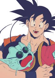 Rule 34 | 2boys, :d, absurdres, arm around neck, black eyes, black hair, blue skin, colored skin, commentary request, d:, dougi, dragon ball, dragonball z, highres, looking at another, male focus, multiple boys, nervous, north kaiou, open mouth, oshiruko (oshiruko0803), simple background, smile, son goku, spiked hair, sunglasses, sweatdrop, teeth, white background, wristband
