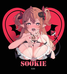 Rule 34 | 1girl, absurdres, ahoge, bandaid, bandaid on hand, bare shoulders, black background, black nails, black wings, blush, breasts, brown eyes, brown hair, cleavage, commentary, demon girl, demon tail, earrings, hair between eyes, hair ornament, heart, heart-shaped pupils, heart hair ornament, heart hands, highres, huge breasts, jewelry, long hair, looking at viewer, multicolored nails, nail polish, open mouth, original, pointy ears, red nails, ring, ropu (ropu 10), solo, symbol-shaped pupils, tail, two side up, upper body, wings