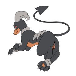 Rule 34 | 1girl, animal focus, anus, ass, bar censor, censored, claws, creatures (company), female focus, flat color, from behind, full body, game freak, gantan (pixiv 40726006), gen 2 pokemon, happy, houndoom, looking at viewer, looking back, lying, nintendo, no humans, on stomach, pawpads, pokemon, pokemon (creature), pussy, red eyes, simple background, sketch, slit pupils, smile, solo, white background